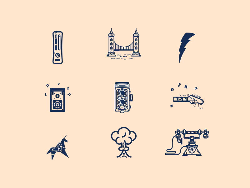 Random Icons # 06 volcano music bass ui logo icon minimal console origami blade runner telephone retro vintage camera bridge shazam line art line flat illustration illustration