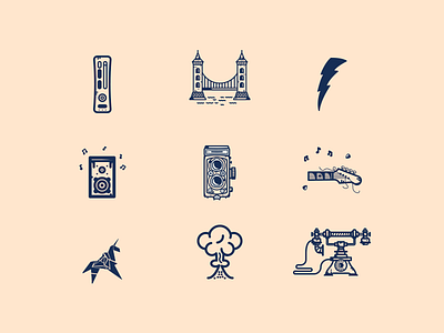 Random Icons # 06 bass blade runner bridge camera console flat illustration icon illustration line line art logo minimal music origami retro shazam telephone ui vintage volcano