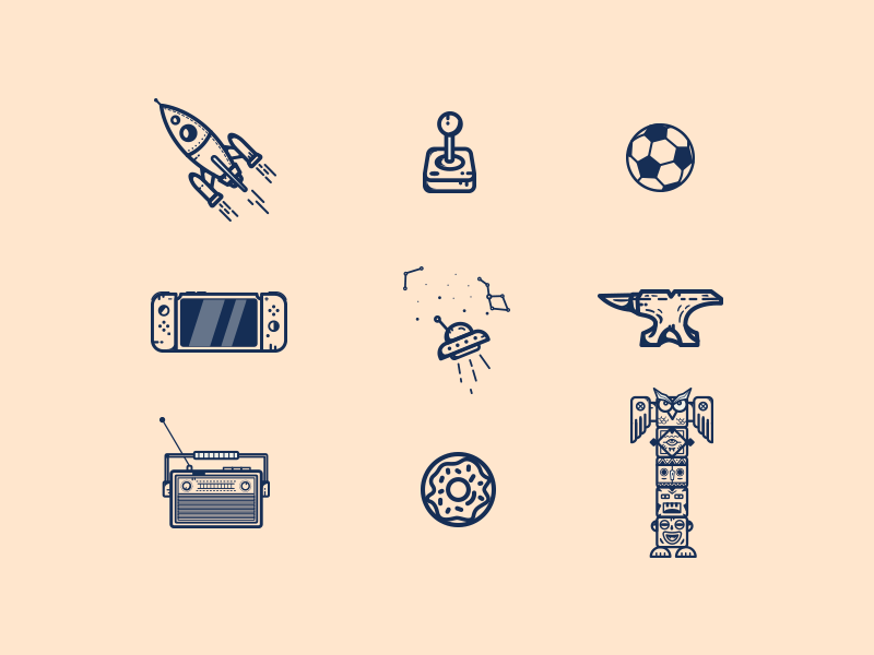 Random Icons # 07 ui lines line art totem pole totem controller doughnut vintage radio alien spacecraft football anvil nintendo switch rocket logo icon flat illustration minimal illustration