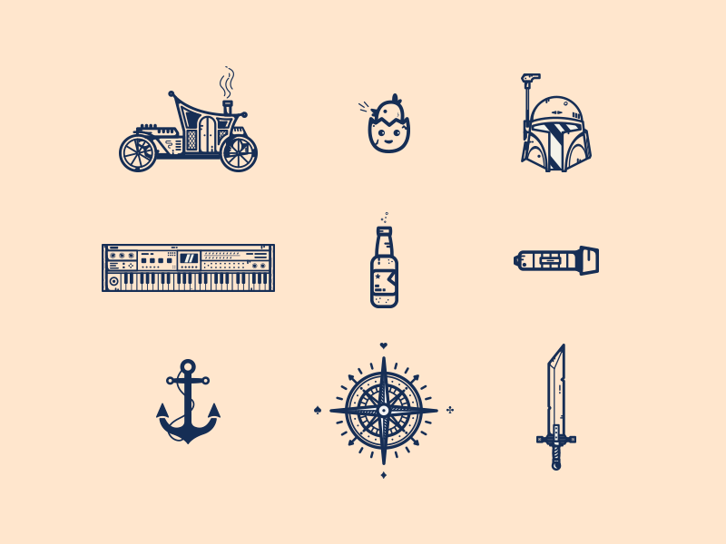 Random Icons # 08 line art lines illustration art bobafett sword compass anchor torch beer star wars egg old car ui logo icon flat illustration minimal illustration