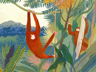 The Orangutans and the Snake animals gouache illustration rainforest