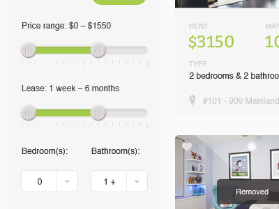 Slider UI bathroom bedroom drop down filter green grid lease listing rent setting slider toggle ui web