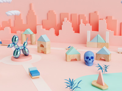 Little World 3d cinema 4d dog game illustration render skull skyline toy wood