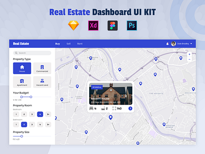 Real Estate Finder Dashboard UI Kit apartment architect building construction dashboard exterior figma home hotel house interior property psd real estate real estate dashboard sketch ui uiux ux xd