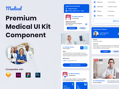 Medical UI Kit Collection ambulance app clinic dashboard doctor doctor dashboard doctor ui kit figma health hospital hospital dashboard medical medical dashboard medical ui kit patient psd sketch ui kit uiux xd