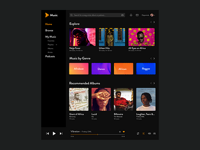 Music Player Web App african afro album dark ui dashboad design music music player playlist podcast songs spotify ui web