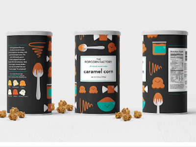 Concept packaging for The Popcorn Factory iconography illustration packaging