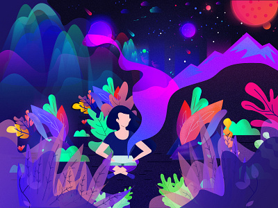 Hello Dribbble . A Girl with her Imagination Illustration art book charachter design character design forest girl gradient graphicdesign illustration illustrator space