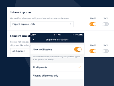 Notification Preferences app email freight forwarding jf hillebrand myhillebrand notifications preferences settings shipments sms toggle
