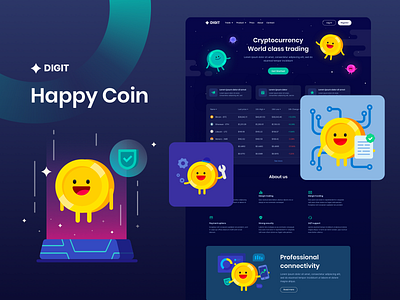 Digit Happy Coin bitcoin blockchain character coin crypto finance graphic illustration mascot money vector
