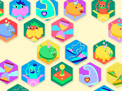 Mission badges animation branding colorful cute design fantasy game design illustration microinteraction ui vector