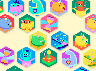 Mission badges animation branding colorful cute design fantasy game design illustration microinteraction ui vector