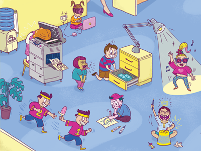 Kids in the office editorial illustration magazine newspaper office summer vacation