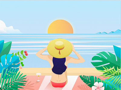 go on holiday beach flat hat illustration ocean painting plants sky sun travel