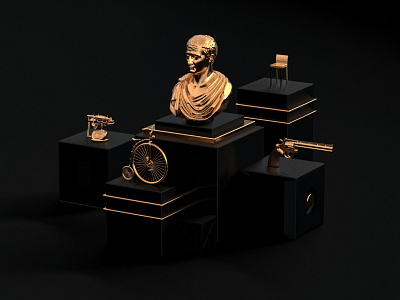 Black is back 3d 70s black bodegon cinema4d gold gun illustration