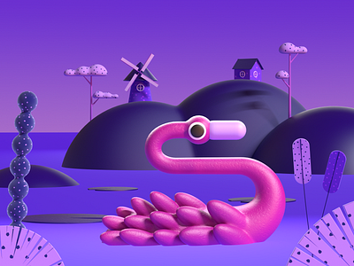 Purple Flamingo 3d animal cartoon character design flamenco flamingo illustration molino windmill