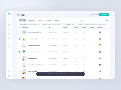 Logistics dashboard - product management page app bulk actions clean dashboard dashboard design design filters listing logistic logistics product management products stock tags ui ux warehouse web application