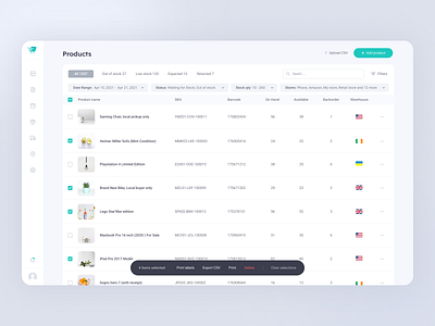 Logistics dashboard - product management page app bulk actions clean dashboard dashboard design design filters listing logistic logistics product management products stock tags ui ux warehouse web application
