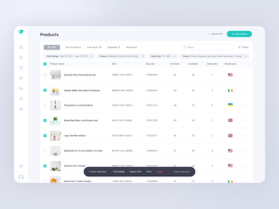 Logistics dashboard - product management page