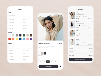 E-commerce mobile app app app design checkout clean design e commerce e commerce design e commerce shop ecommerce app ecommerce design fashion filter filters ios minimalistic mobile design mobile ui online store product page shopping cart