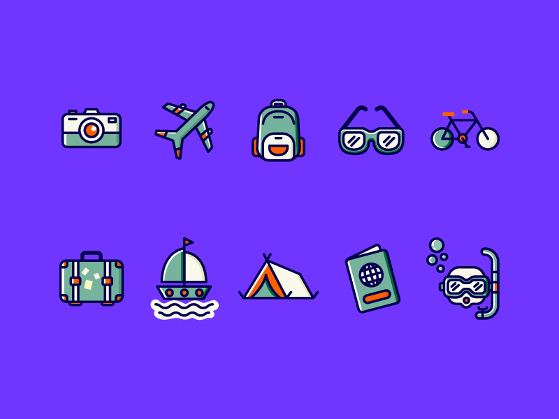 Travel Icons purple design app icons design ui app vector flat cycles aeroplane travelling travel app travel iconset icon web design