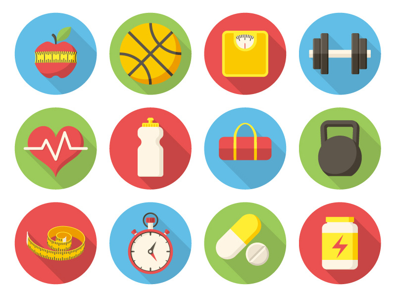 Freebie AI: Fitness Icons long shadows flat design health freebie free sport fitness illustrations vector icons