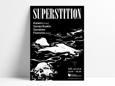 Superstition 02 black and white dark art digital floating flyer hand drawn illustration poster skull water