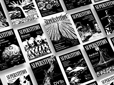 Superstition Series black and white dark dark art digital hand drawn haunted house horror illustration poster roses skulls spider superstition trees