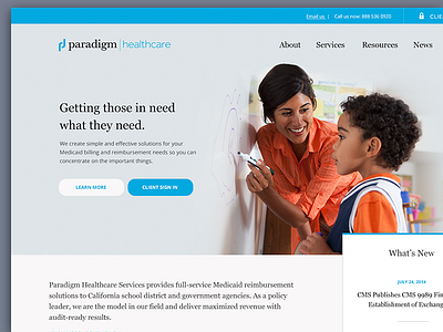 Paradigm Healthcare blue gray healthcare landing page paradigm student white