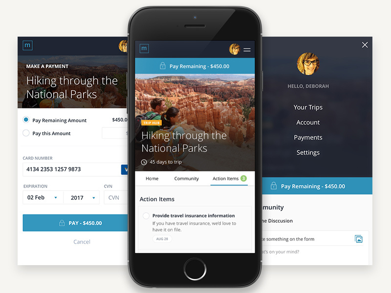 Trip Hub adventure trip profile modal payment nav menu responsive ios