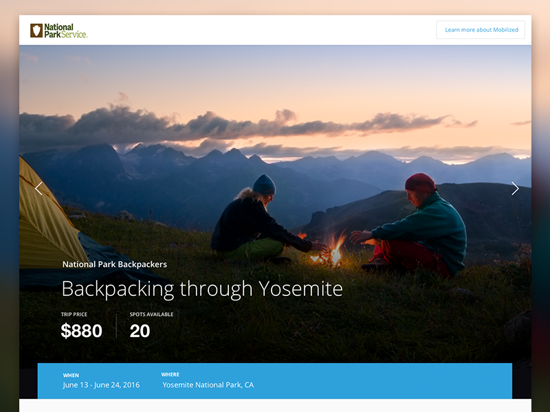 Trip Page pricing carousel dates parks hero webpage trip page