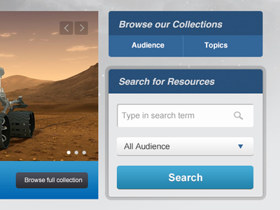 Nasa U New blue browse dropdown nasa search slider