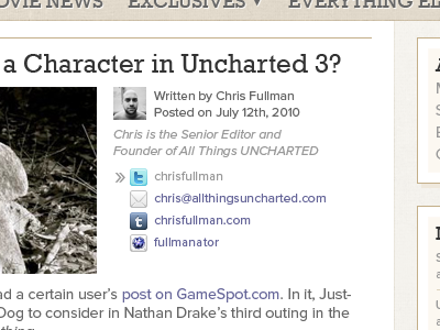 All Things UNCHARTED - Redesign - Article Post Info author contact profile social