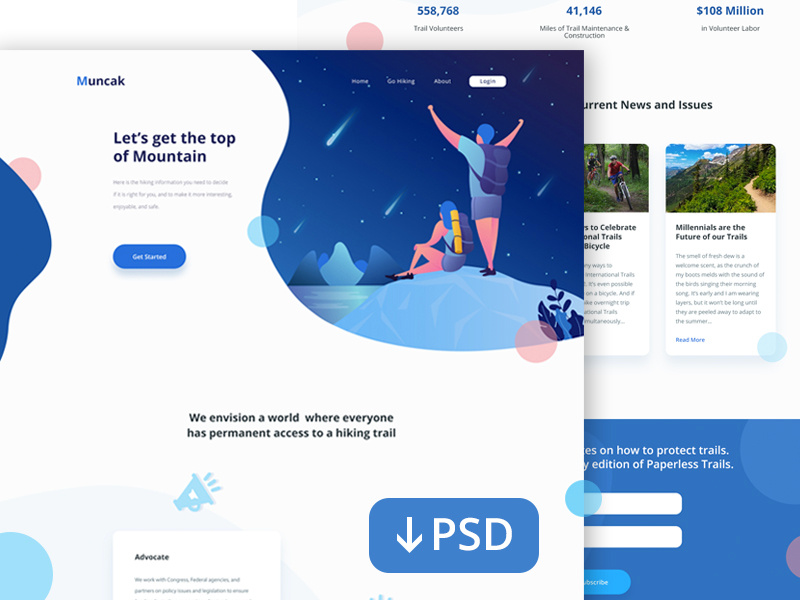 PSD Freebie : Landing Page for Hiking Site ux ui gradient gradation hiking vector landingpage illustration