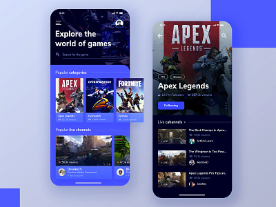 Game Streaming App apex legends app application design exploration fortnite game gradation gradient icon illustration live mobile app overwatch streaming typography ui ux vector