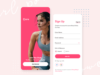 Care Mobile Design bright color combinations fitness fitness app girl gym ios ios app screens ios screens mobile app onboarding signup thinkprocess ui woman portrait woman power