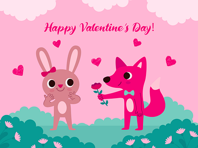 Happy Valentine's Day adobe article bunny character cute design digital fall in love flat fox illustration illustrator love love is in the air valentine valentines day valentines day card vector