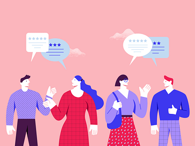 Word Of Mouth Marketing Illustration blue characters design designer graphic illustration illustrator man marketing mouth of pattern pink purple social strategy talking woman womm word