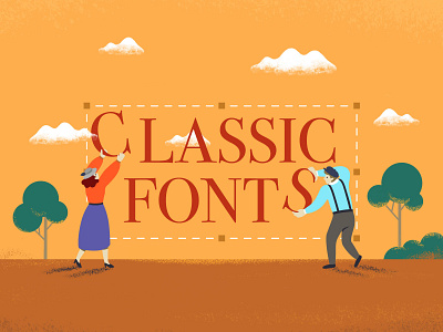 Classic Fonts Illustration 2d article character classid clouds design digital drawing flat font fonts illustration landscape old orange style typeface typography vector vintage