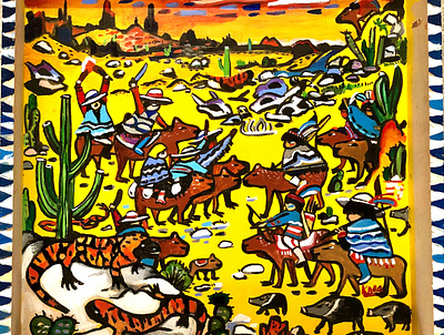 Battle in the Desert acrylic colorful desert fashion gilamonster javelina paint painting romakarasart southwest wood