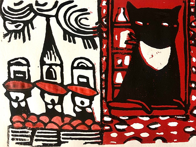 Woodcut print/ cat