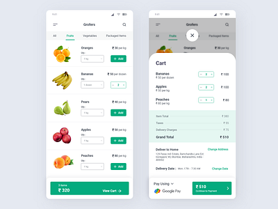 Grocery App Design app design app ui cart cart page design fruit cart fruits graphic design grocery app list view mobile app mobile ui payement page product list