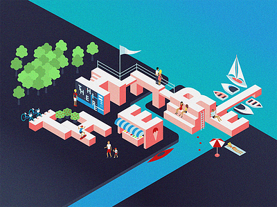 ''HI THERE'' CITY beach characters city concept illustration isometric lettering