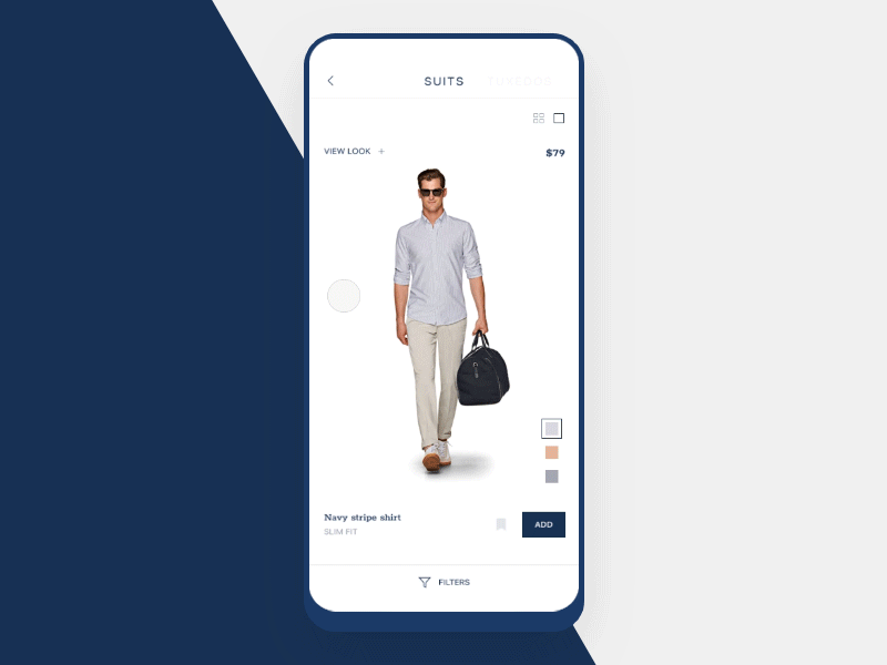 Mobile app for SUITSUPPLY animation app blue design e comerce interaction mobile shop suits suitsupply ui ux white