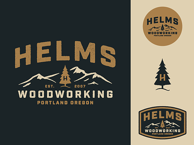 Helms Woodworking badge helms identity logo mountains oregon patch portland tree woodworking