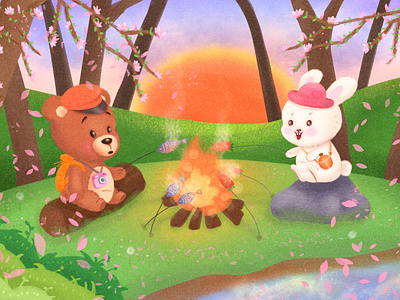 Chris & Lunna adorable bear cute dribbble illustration rabbit scenery spring sunset trip