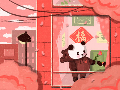 L.O.V.E bear chinese style couple design dribbble house illustraion love panda pink red scenery window
