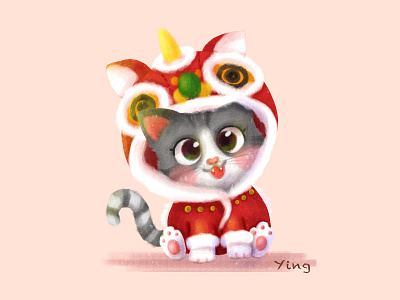Kitty with Lion-Dance suit adorable catch character children illustration chinese culture chinese style cute design dribbble illustration kitty red