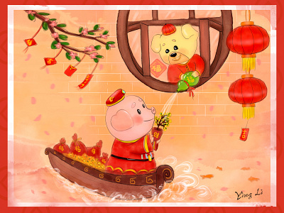 Year of the pig 2019 boat card celebrate chinese character chinese culture chinese new year dog family festival fish gourd lantern pig piggy puppy river spring festival treasure wall window