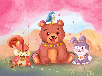 Animal friends adorable animal bear bird bunny character cherry blossoms chinese new year cute flowers friend friendship grass happiness happy illustraion rabbit scenery squirrel